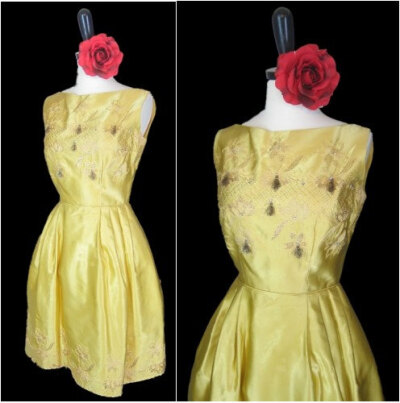 Vintage 50s 60s Gold Satin Party Prom Dress S Rhinestone