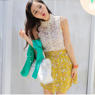 韩国进口年夏装韩版甜美修身无袖衬衫纯色百搭太阳花刺绣衬衫