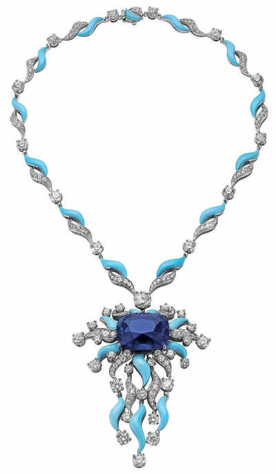 Dripping in Diamonds. Bulgari gold necklace with sapphires, turquoise and diamonds, from the High Jewelry Collection, price upon request, at the Bulgari boutique.