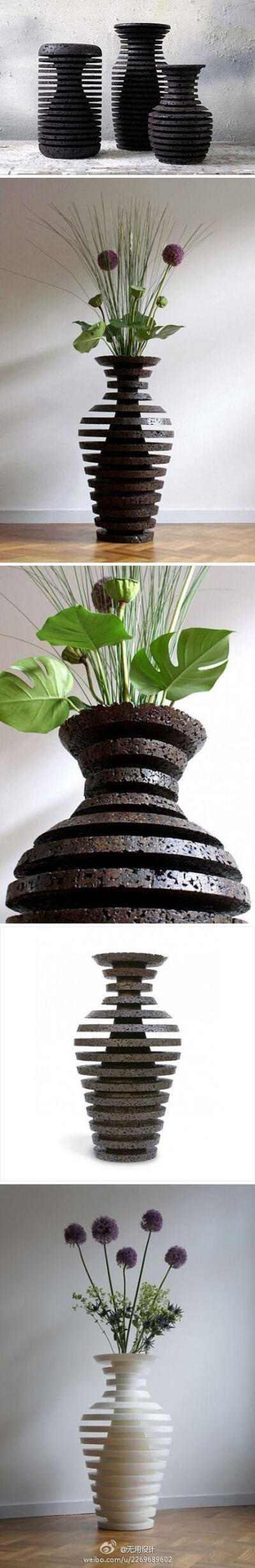 双面花瓶（Schizo Vase）：来自荷兰OOOMS工作室，这款花瓶，在本体之外，还有软木材质做成的一层一层的结构，就像面具一样装点着花瓶。