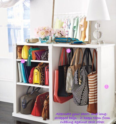 Convert a bookshelf into purse storage:) NEED, NEED, NEED!