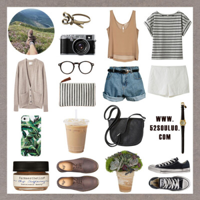 背心：americanvintage 条纹T恤：uniqlo 开衫：La Garçonne 相机：fuji-xe1 条纹包：Madewell 牛仔短裤：chicnova 白色短裤：lagarconne 手机壳：Milly 黑色背包：Merona 短靴：Dr Martens 帆布…