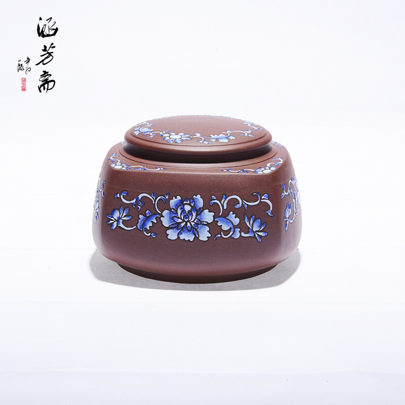 紫砂普洱茶叶罐黄龙山原矿紫泥手绘青花1200CC手工精品【圆通罐】