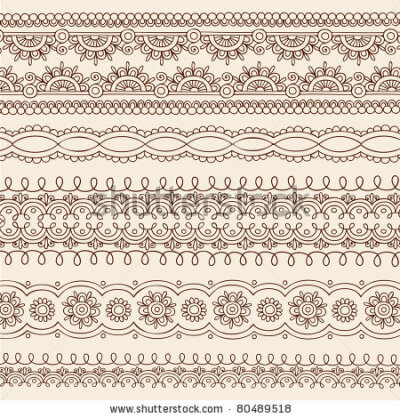 Hand-Drawn Henna Mehndi Tattoo Flower and Paisley Border Doodle Vector Illustration Design Elements - stock vector