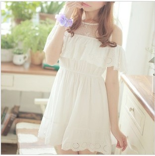 日系镂空蕾丝甜美雪纺连衣裙蕾丝裙 韩版荷叶边钩花连衣裙公主裙