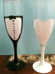 Bride/Groom toasting flutes : wedding black diy flutes glass inspiration paint reception toasting white Flutes