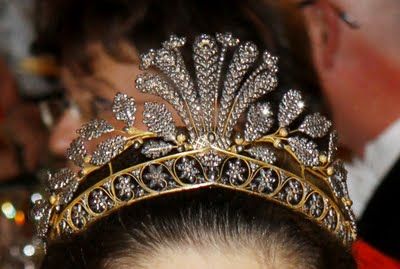 Cut steel and gilt brass, these pieces became popular in the 1700s, as a less expensive way for women to obtain a sparkly piece of jewelry. According to the royal court, this Napoleonic era tiara was made for Queen Hortense of Holland. It is thought to have been brought to Sweden by Queen Josephine,