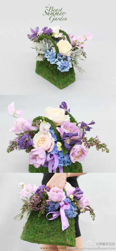 为夏日野兽花园设计，MS BEAST(野兽小姐)鲜花手提包。特制苔藓花器，长出繁茂夏花，只在北京POP UP STORE限量发售。