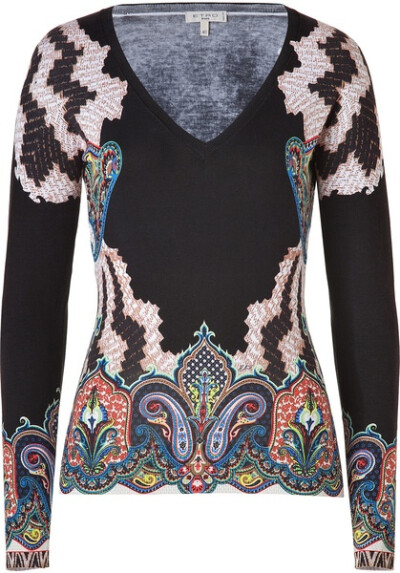 Etro Multicolor Silk VNeck Pullover