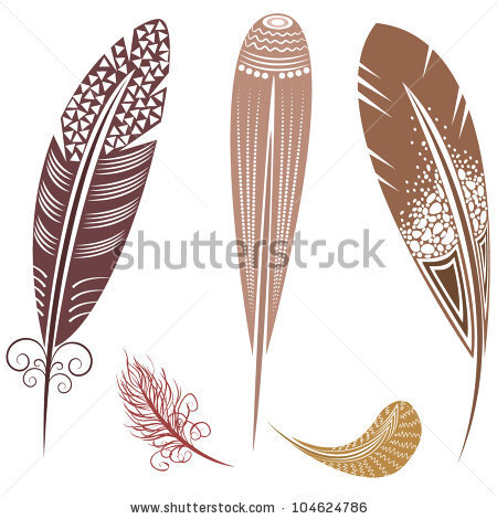 Vector illustration of feathers with tribal ornaments - in autumn brown colors - stock vector