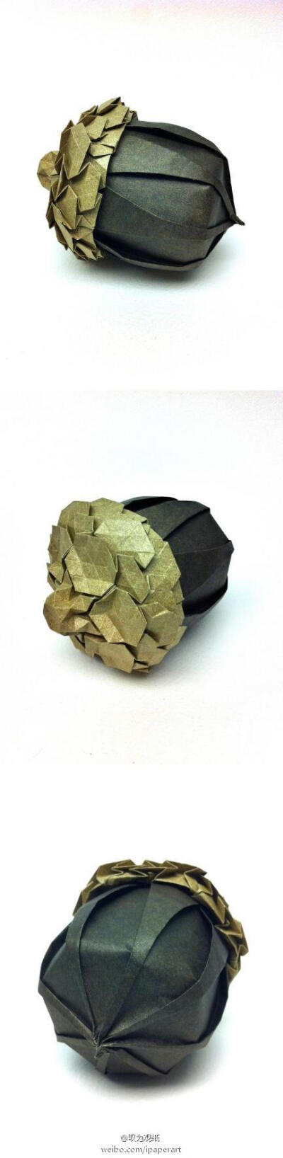 #折纸欣赏# Beth Johnson的橡果 ~这是一个组合作品,由2张纸组成,黑色线条优美的橡果身,加上用图案折的手法折出花纹的橡果"帽子",使得这个作品看起来简洁而又布满细节~