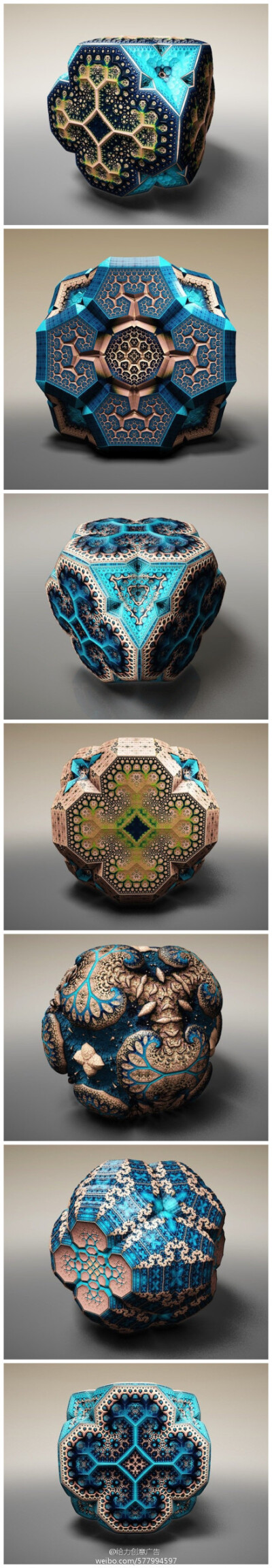 苏格兰艺术家Tom Beddard曾是一名物理学家，现在转做艺术家和网站开发专家。Fabergé Fractals是他的“分形艺术”作品，这些作品就像Fabergé egg一样，图案异常复杂对称，是艺术家通过计算机软件计算分析组合而成的作…