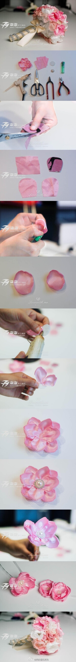 #DIY创意# 粉色牡丹花朵DIY教程，简单的几步就可以制作出一朵漂亮的牡丹花朵。【by@柒柒手工婚品】http://www.lovewith.me/share/detail/27193/all