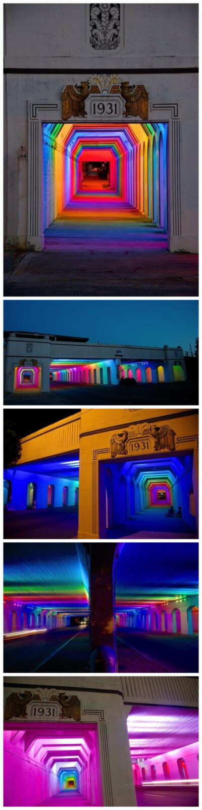 【七彩霓虹隧道】对于夜归族来说，如果非不得已，实在不想走在老旧的地下道，但是如果有这样的通道，就算得多绕点路也会想来走一走！位在英国伯明罕市 的灯光艺术1931通道。