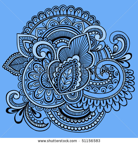 Hand-Drawn Intricate Mehndi Henna Tattoo Paisley Doodle- Vector Illustration on Blue Background - stock vector