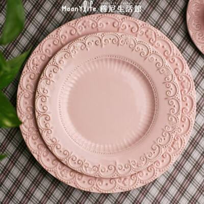 欧式做旧蕾丝浮雕平盘外贸陶瓷餐具粉色牛排西餐圆盘碟套装8/10寸