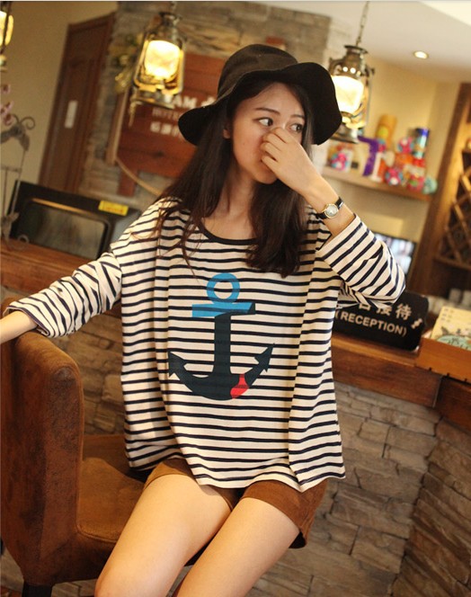 白茶家秋季森女学院海军风船锚条纹文艺超宽松大码蝙蝠t恤