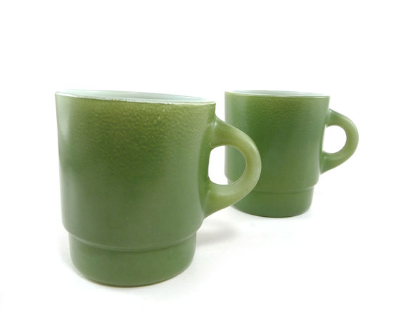 Pair of olive green Fire-King stacking coffee cups