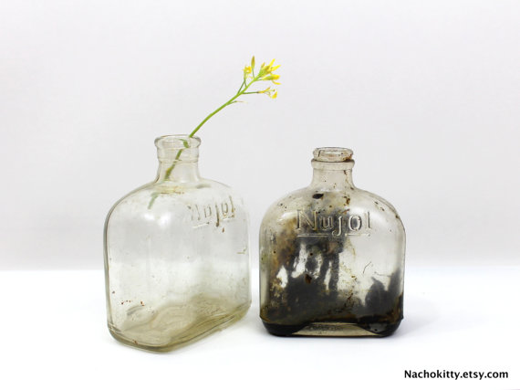 Two Wide Rustic Bottles, NuJol Glass Displays