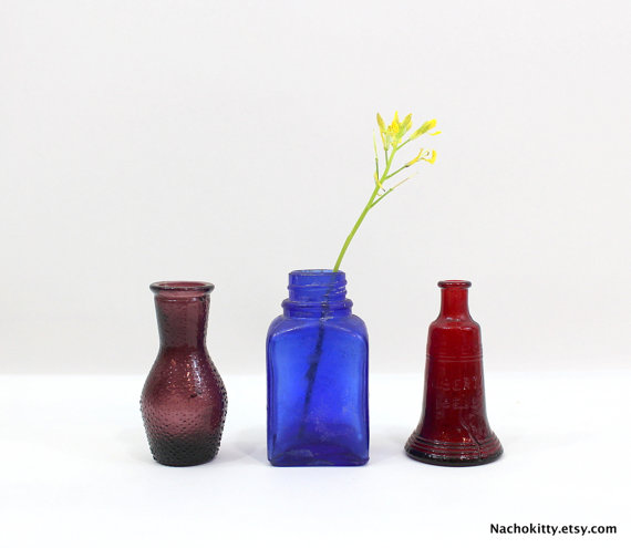 3 Old Bottles: Purple, Cobalt and Red, Charming display