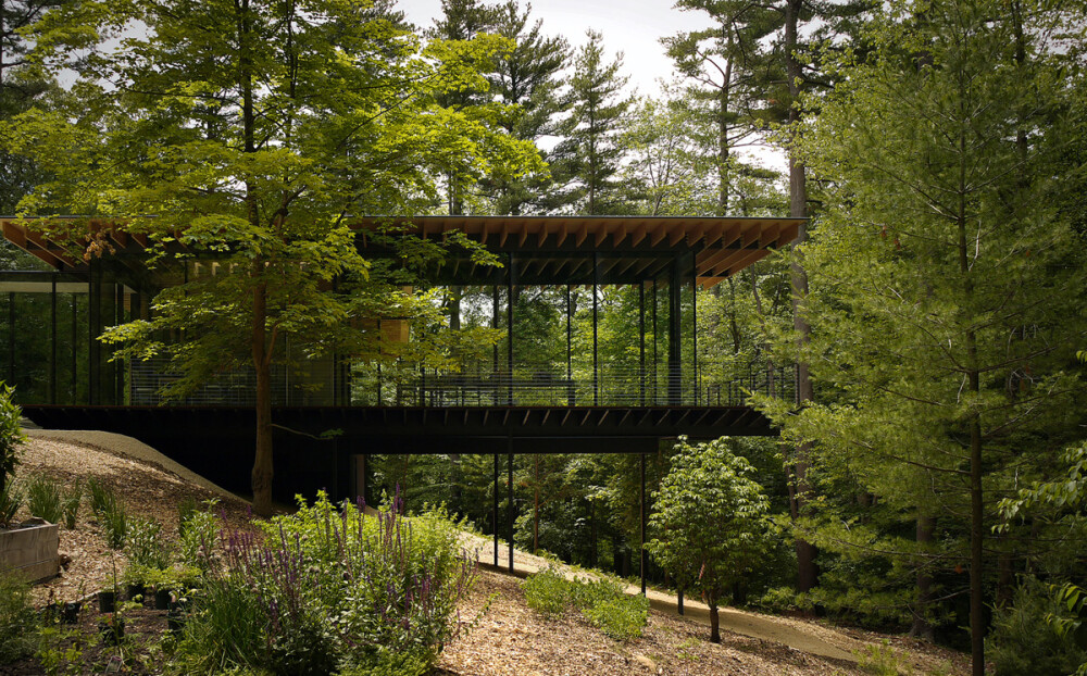 隈研吾 Glass / Wood House 采用L型结构将原来的对称玻璃盒子（旧房子）与新房子建立起亲密关系，依旧是大屋檐、细框架、玻璃墙，将建筑隐在树林之中