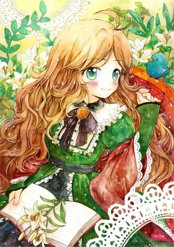 森系少女手绘插画水粉画兔子