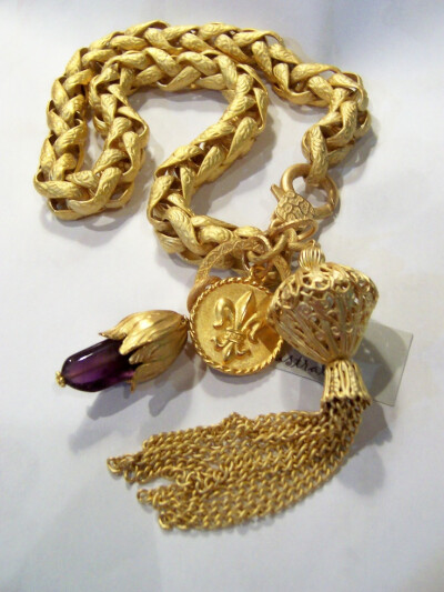 brushed gold chain, medal, bead cap, vintage ball and tassel with amethyst nugget