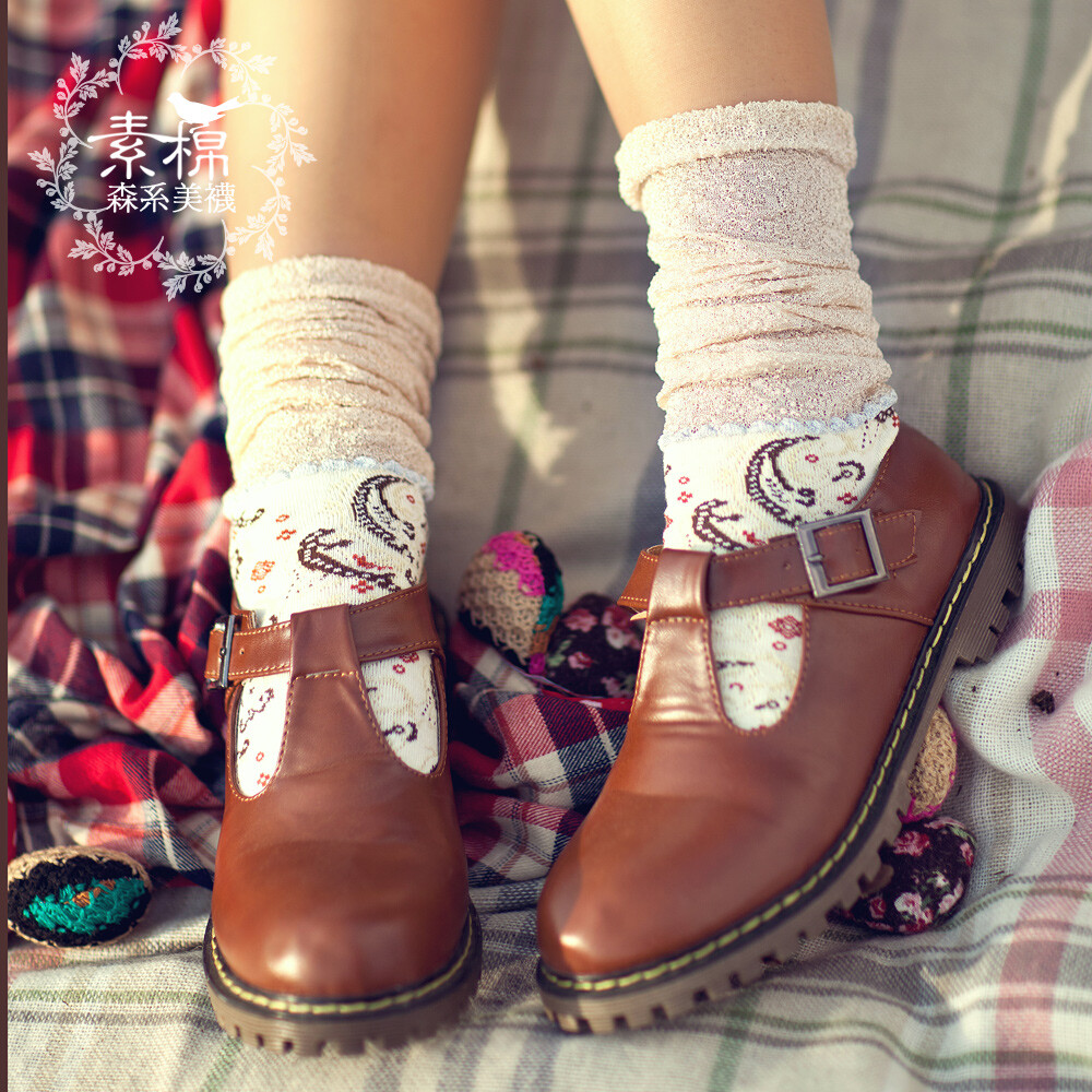 素棉复古民族风堆堆袜春秋纯棉袜蕾丝花边长袜长袜子女