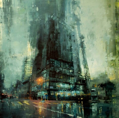 被雨淋湿的城市：仿佛能听见雨滴碰撞地面的声音，使城市笼罩在一片雨的迷雾之中。丨来自Jeremy Mann的油画作品