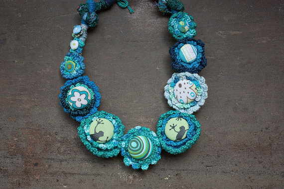 Chunky statement necklace, crochet jewelry with fabric buttons - turquoise, blue, green - OOAK