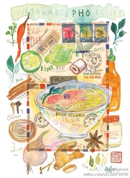 法国画家Lucile Prache的水彩涂鸦，平时在白纸上画下午茶画水果画蔬菜，这次却在旧信封上画越南河粉、美国热狗、中国拉面。。加上模糊的邮戳和有点脱胶的邮票，恰似一封封写给异国食物情人的情书。