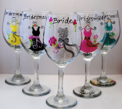 Hand Painted Yellow Grey Purple Pink Blue Bridesmaid Wedding Wine Glasses Wedding Favors