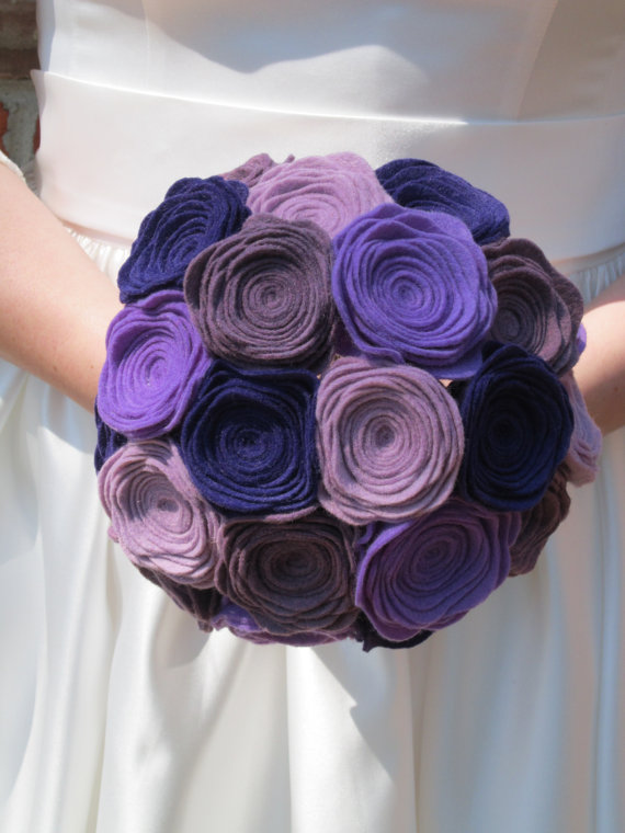 Purple Felt Rose Alternative Wedding Bouquet - Flower Arrangement - Centerpiece