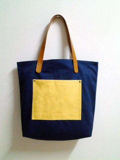 Leathinity - Navy Blue Canvas Tote Bag w/ Genuine Leather Handles - Eco Friendly