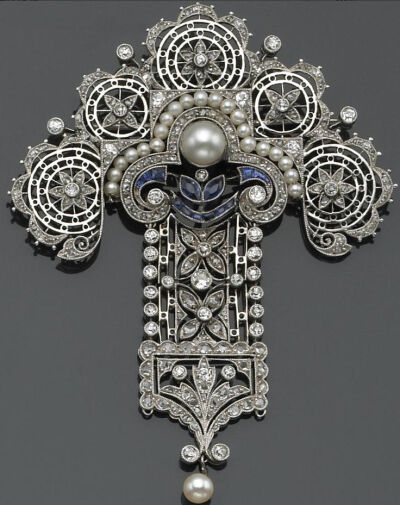 Edwardian diamond, cultured pearl, sapphire &amp; platinum brooch.