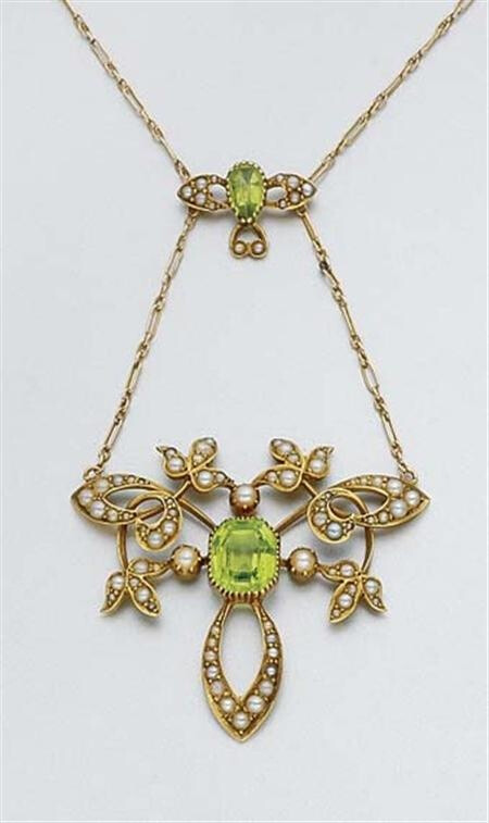 Gold, Peridot and Split Pearl Lavaliere, Circa 1900