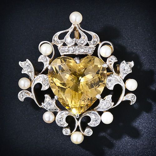 Edwardian citrine, diamond, and pearl brooch