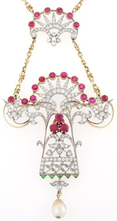 Art Nouveau gold, diamond, ruby, emerald, and pearl pendant necklace.