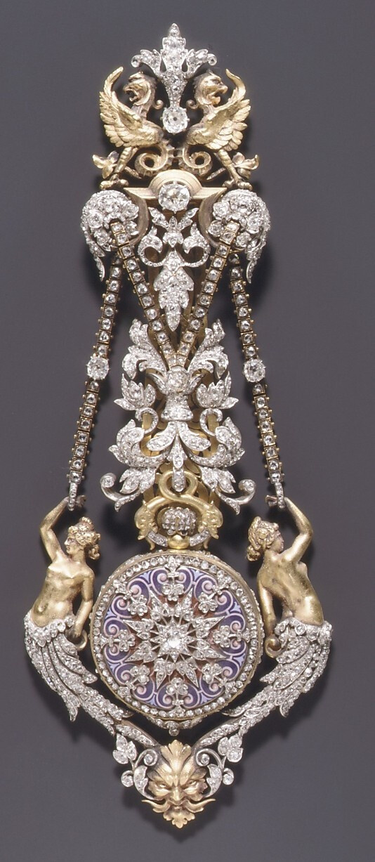 ~ Watch &amp; Chatelaine...by Hippolyte Téterger, French (Paris), ca. 1870-78. Gold, platinum, &amp; diamonds ~