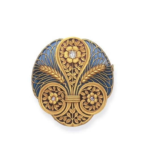 AN ART NOUVEAU ENAMEL AND DIAMOND BROOCH Of circular outline, the blue and red plique-à-jour enamel plaque set with twin wheat sheaves and scrolling foliate designs, each centering upon a rose or old mine-cut diamond accent, mounted in 18k gold, circa 1900