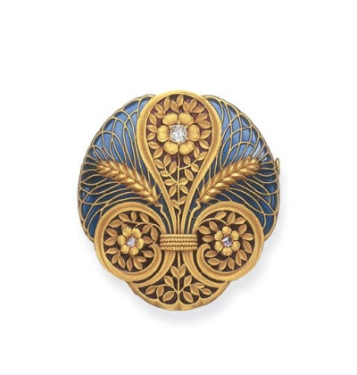 AN ART NOUVEAU ENAMEL AND DIAMOND BROOCH Of circular outline, the blue and red plique-à-jour enamel plaque set with twin wheat sheaves and scrolling foliate designs, each centering upon a rose or old …