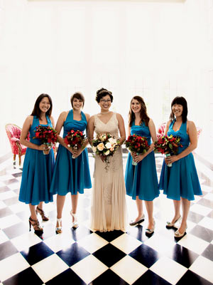 bride and happy bridesmaids