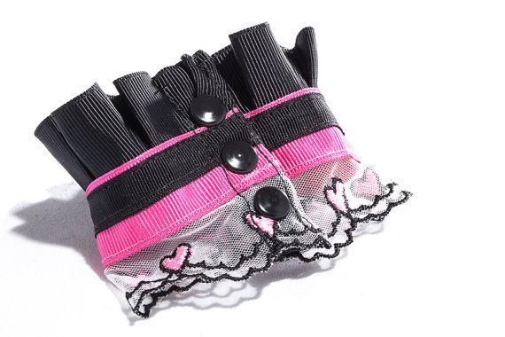 Romantic Cuff Bracelet / Heart Lace / Pink &amp; Black Bracelet / Metal Snaps / Fabric Jewelry / Ruffle Cuff Bracelet