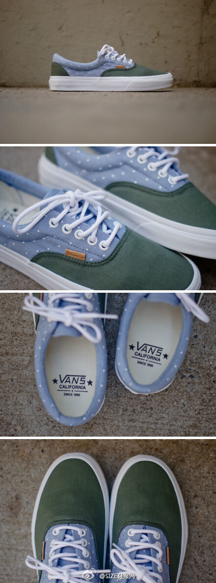 近日，著名滑板品牌 Vans 旗下高端支线 Vans California 推出了一款波点设计的 Vans Era ，设计师采用拼接手法，以浅蓝色配以草绿色，而极具川久保玲感觉的波点设计也使得这款 Vans Era 极具潮流味道。