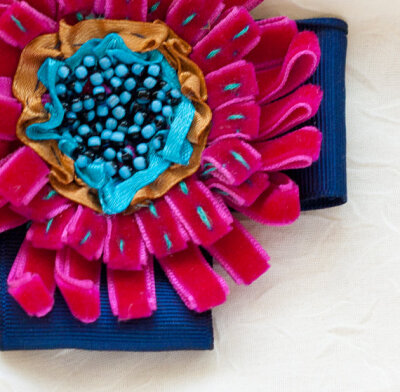 OOAK Brooch from satin and velvet bands Blue Chrysanthemum, ribbon fabric jewelry