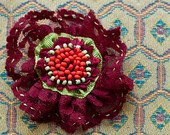 Wine lace brooch, fabric jewelry from burgundy lace and beads