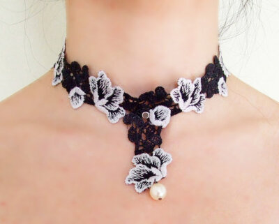 lace choker necklace - black white pearl charm pendant - steampunk necklace - fabric jewelry Gift for her