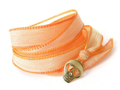 Silk wrap bracelet with handcrafted skull button in tangerine, orange, fashion jewelry, hand dyed silk ribbon fabric jewelry