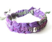 Sari silk ribbon bracelet with Sterling silver beads, purple iris recycled fabric from Nepal, om charm