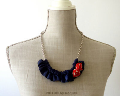 Medium Bib Necklace with Red Roses in Blue Ruffles, red white and blue statement textile necklace, fabric jewellery, polka-dots necklace